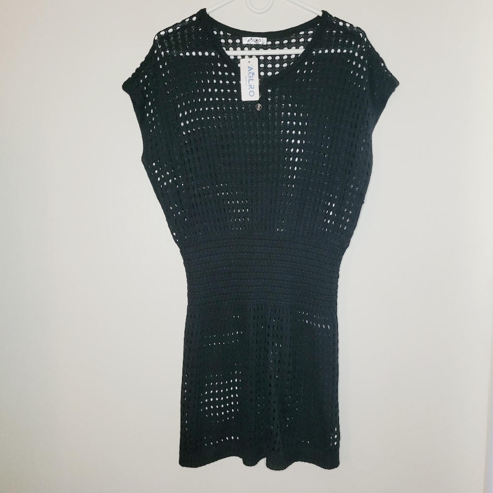 Women's Crotchet Beach Dress Black Medium Mini Fitted Resort Cinched Waist Sand